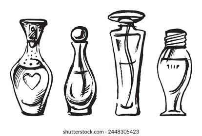Parfum bottles, female, luxury, fragrance, shape,textured outline drawings ,collection, different, sketch,hand drawn,vector illustration isolated on white