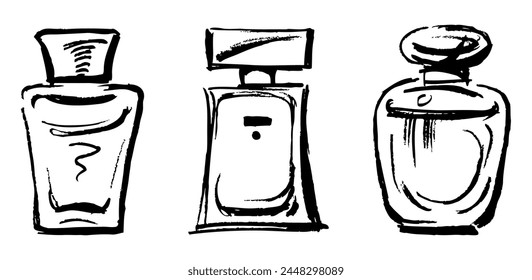 Parfum bottles, fragrance,female, luxury,  shape,textured outline drawings ,collection, different, sketch,hand drawn,vector illustration isolated on white