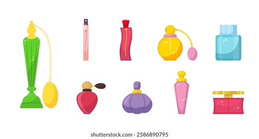 Parfum bottles set. Collection of decorative perfume bottles on transparent background in various shapes and colors. Cosmetic products aroma essence in glass packages. Cartoon vector illustrations.