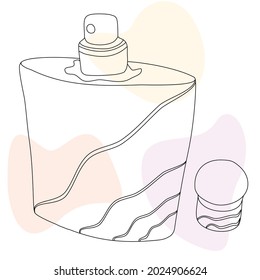 Frasco de perfume. Arte de línea vector dibujado a mano con manchas de color abstractas.