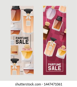 Parfume bottles sale set of banners vector illustration. Flat design collection. Different shapes and colors of bottles for man and woman. Advertisement for shop or store.