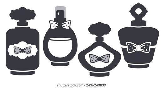 Parfume bottles set. Aroma essence in different glass packages. Perfume silhouette isolated. Elegant shape, label, ribbon. Hand drawn trendy design for logo, cosmetic industry. Vector