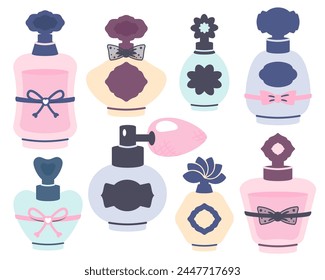 Juego de botellas de perfume. Diferente esencia de aroma en envases de vidrio. Productos cosméticos de diversas Formas, diseños y colores. Ilustración plana de Vector para el logotipo, la moda y la industria cosmética