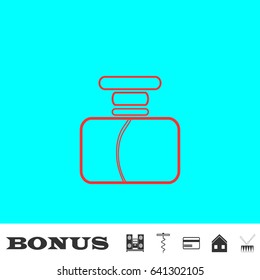 Parfume icon flat. Red pictogram on blue background. Vector illustration symbol and bonus buttons Music center, corkscrew, credit card, house, drum