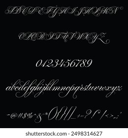Parfumerie-Schriftart, Alphabet, Großer Buchstabe, Kleiner Buchstabe, Zahlen, Zeichen und Symbol