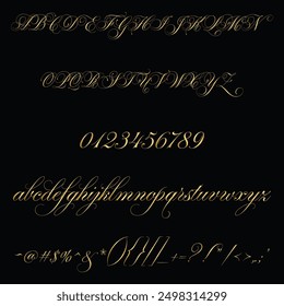 Parfumerie Script Golden Font, Alfabeto, Letra Mayúscula, Letra Pequeña, Números, Signo De Oro Y Símbolo