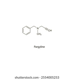 Pargyline flat skeletal molecular structure MAO inhibitor drug used in hypertension treatment. Vector illustration scientific diagram.