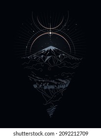 Parhelion over the volcano. Vector hand drawn illustration