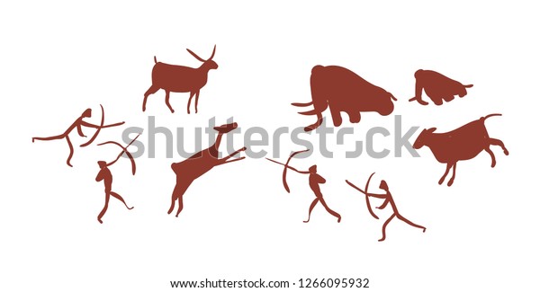 石器時代の人々や狩人が鹿やマンモスを狩る集団や部族を描いた壁画や
