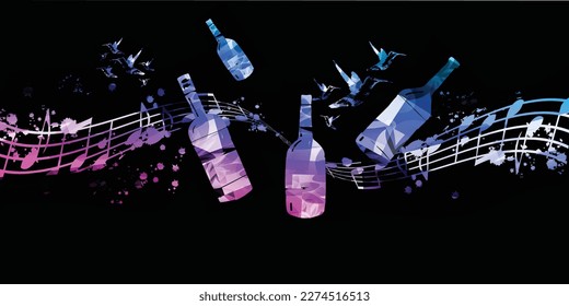 Paring wine and music. Bottles with musical notes staff on black background. Alcoholic beverage for celebrations, parties, special occasions and degustation events. Vector illustration