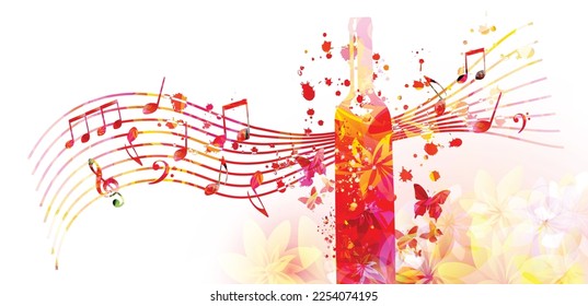Paring wine and music. Colorful bottle with floral aroma wine and musical notes staff. Alcoholic beverage for celebrations, special occasions and degustation events. Wine making vector illustration