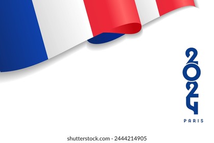 Paris 2024 mit 3D-Flagge Frankreichs. Paris 2024 Horizontaler Hintergrund für Reisekonzepte oder Sportspiele. Vektorillustration