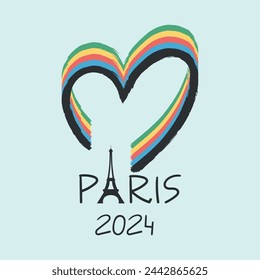 Paris 2024 Olympic sport games design. Background with brush painted heart and Eiffel tower silhouette. Vector illustration