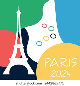 Diseño de los Juegos Olímpicos de París 2024. Fondo colorido con formas abstractas, anillos y silueta de la torre Eiffel. Ilustración de vector