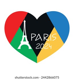 Diseño de los Juegos Olímpicos de París 2024. Plantilla simple con corazón geométrico y silueta de la torre Eiffel. Ilustración de vector