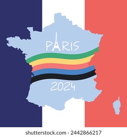 Paris 2024 Olympic sport games design. Eiffel tower silhouette and flag in Olympic rings colors. Background in France flag colors. Vector illustration