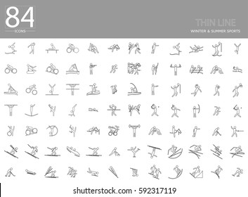 Paris 2024 Olympics vector 84 winter and summer thin line sport icons set. Silhouette sport sign collection. Indoor and outdoor activities, single, team sport included. Clip art for design, web, print