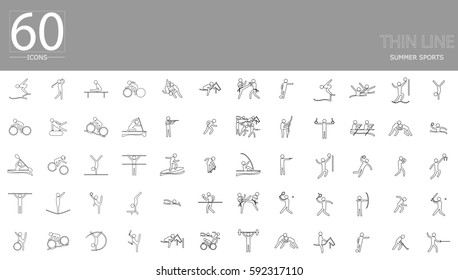 Paris 2024 olympics vector set of 60 summer sport icons. Thin line pictograms. Indoor and outdoor activities, single, team sport included. Graphic illustration clip art for design, mobile, web, print