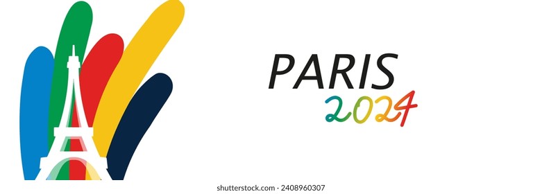 Plantilla de banner deportivo de París 2024. Fondo con salpicaduras de pintura y silueta de la Torre Eiffel. Ilustración del vector aislada en el fondo blanco