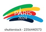 Paris 2024 sport games concept. Sticker, clip art, design element with paint splashes and Eiffel tower silhouette. Vector illustration isolated on transparent background