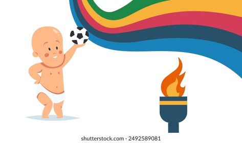 Paris 2024. Torch with colorful wavy stripes. Baby boy with ball. Sport Games. Flat vector illustration.