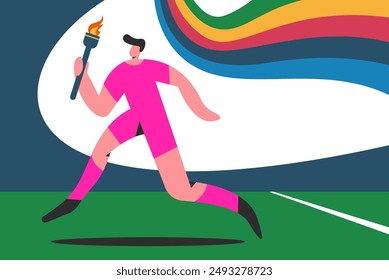 Paris 2024.Torch with Boy and colorful wavy stripes. Olympic fan Sport Games. Flat vector illustration.