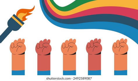 Paris 2024.Torch with colorful wavy stripes and hands different nationalities. Olympic fans. Sport Games. Flat vector illustration.