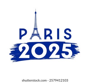 Paris 2025, travel logo concept with Eiffel Tower. Decorative graphic vector sign 2025 for fashion collection or print design t-shirt 