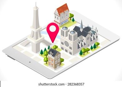 Paris 3D Map on a Tablet with Tint Isometric Landmark Buildings Notre Dame and Eiffel Tower Icon. JPG. JPEG. Object. Picture. Image. Graphic. Art. Vector. EPS 10. AI. Drawing - stock vector