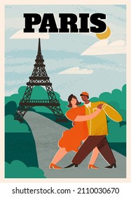 Afiche de estilo retro de París A4. Una bonita ilustración de una pareja parisina bailando en la calle París con vistas a la Torre Eiffel. Banner vector de mano, diseño de tarjeta.