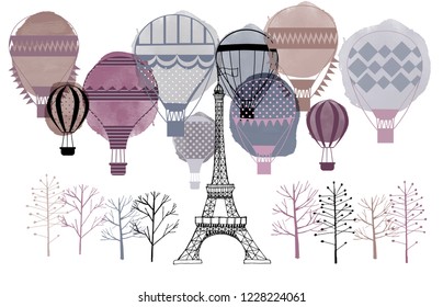 Paris and Air baloons. Watercolor vector background.