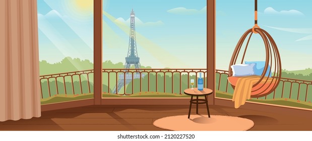 Apartamento en París con gran ventana y vista a la torre del Effel al atardecer. Vacaciones de verano en Francia. Apartamentos románticos de lujo para los amantes del amor en París