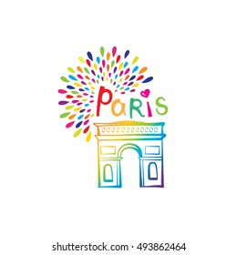 Sinal do Arco do Triunfo de Paris. Marca famosa francesa Triumphal Arch Travel France. Ícone arquitetônico de Paris com letras