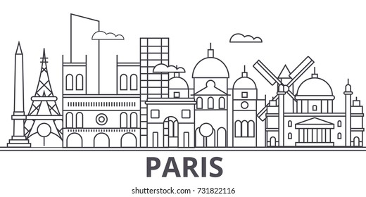 Paris architecture line skyline illustration. Linear vector cityscape with famous landmarks, city sights, design icons. Landscape wtih editable strokes