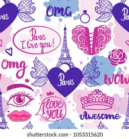 Paris art seamless pattern.  Eiffel Tower, inscriptions and stains. Vector illustration isolated on white background.