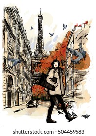 Paris in autumn time near Eiffel Tower- vector illustration