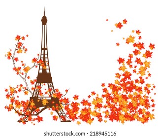 Paris autumn vector background - eiffel tower among bright fall season leaves with place for your text