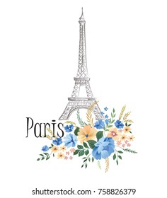 Paris background. Floral Paris sign with flower bouquet and Eiffel tower landmark. Travel France icon