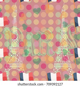 Paris background. France vector seamless pattern on purple background.