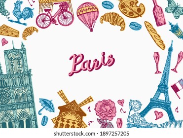 Paris background in vintage retro style. France poster or banner, eiffel tower and buildings. Retro doodle elements. Hand drawn engraved retro sketch. Antique old monochrome style.