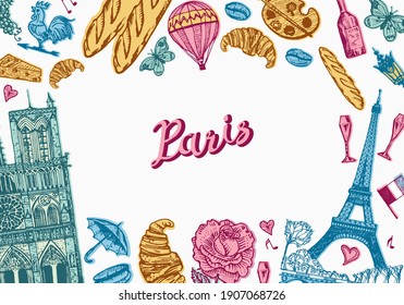 Paris background in vintage retro style. France poster or banner, eiffel tower and buildings. Retro doodle elements. Hand drawn engraved retro sketch. Antique old monochrome style.