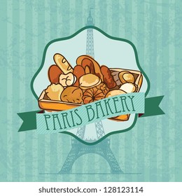 Paris Bakery different products. On vintage background.