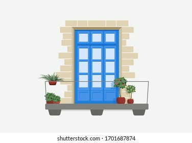 Dibujo vectorial del balcón de París con puertas azules y flores en macetas