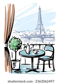 paris balcony with view on eiffel tower. Sketch style drawing