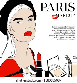 Paris beauty Makeup Vector Illustration. Hand drawn Set cosmetics: foundation, powder, eyelash curling, concealer, lipstick, model woman face in beret. Magazine concept style With place for your text