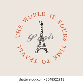 Slogan Paris bonjour com ilustração desenhada à mão da torre Eiffel. é bom para banner logo 