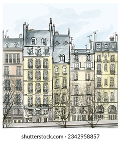 Paris buildings facades in a watercolor painting style - Vector illustration (ideal for, print; wallpaper; home decor..)