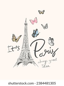 eslogan de parís caligrafía con torre de eiffel dibujada a mano y coloridas mariposas ilustración vectorial