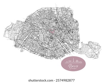 Paris capital city of France,Urban Streets Roads Map with city center location pin, illustration vector element image 