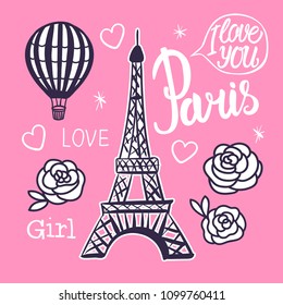 Paris card. Eiffel Tower and Balloon hand drawing. Pink design for girls with a vector illustration.